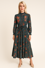 2000s April Cornell Floral Tiered Ruffle Collar Pockets Dress S/M