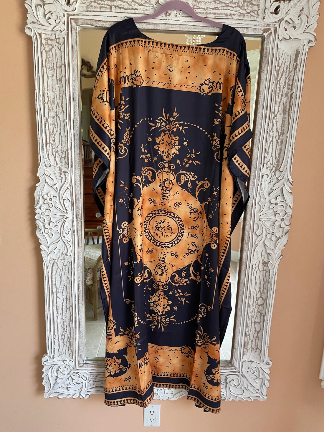 Navy & Gold Maxi Caftan – Boho Resort Beach Lounge Dress, Free Size