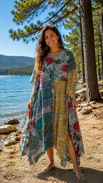 Mix Floral Print 100% Rayon Angel Sleeve Casual Caftan Dress Free Size