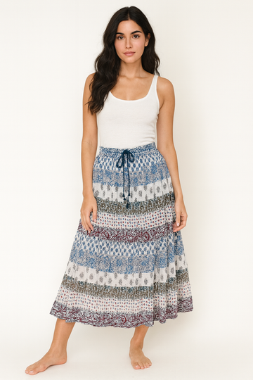 Vintage 70s Indi Cotton Tiered Boho Skirt Med