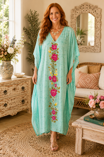 Boho Green Floral Plus Size Lounge Wear Beach Wear Kimono Maxi Caftan.