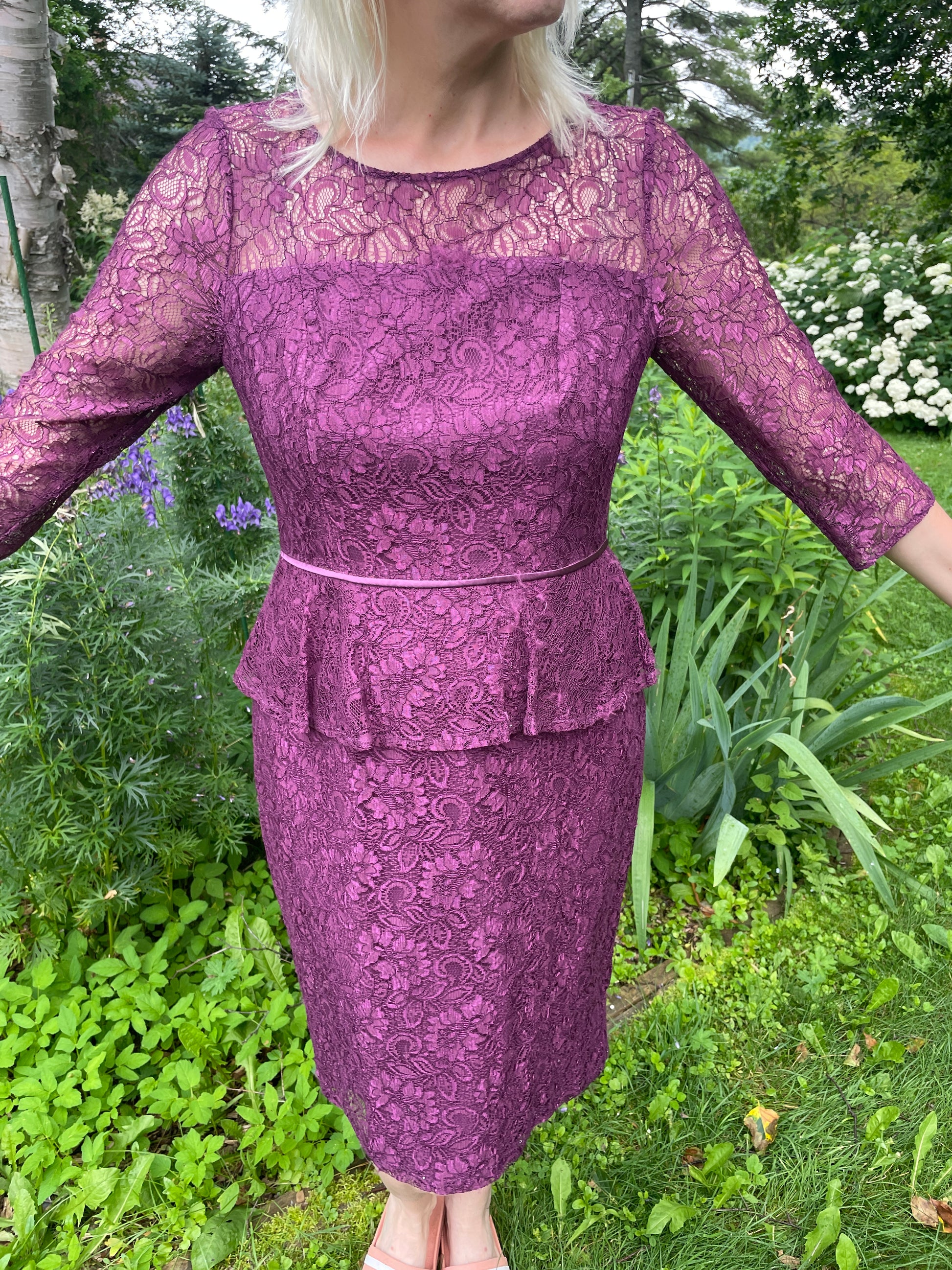  80s Sax Fifth Ave Vintage Burgundy Lady in Lace Peplum Dress M