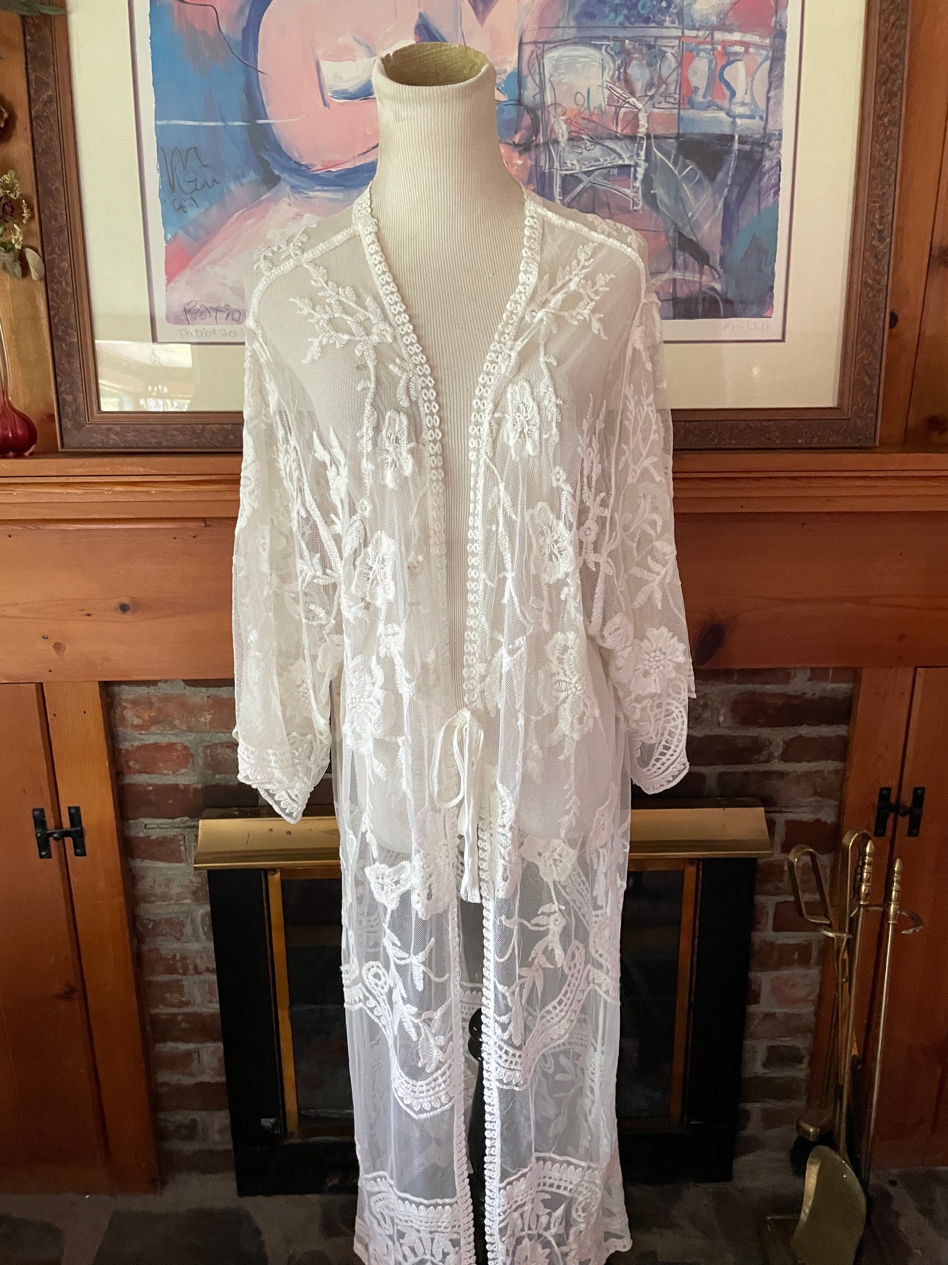2000s Floral lingerie robe 2000s Sheer White Floral Crochet Romantic Jacket Robe L