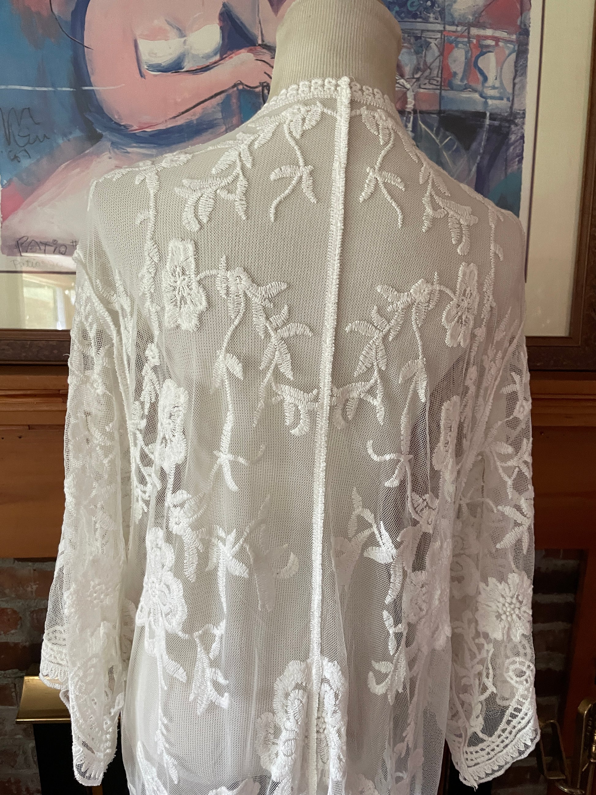  2000s Sheer White Floral Crochet Romantic Jacket Robe L