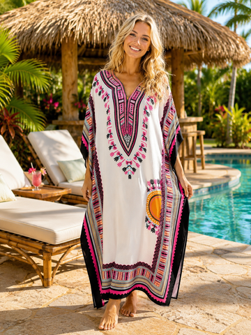 100% Poly Beachwear Kaftan Lounge Day Evening Maxi Dress. Plus Size. 1X-4X