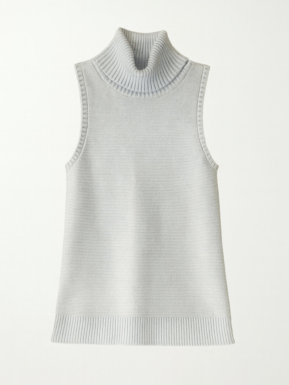 Light Blue Knitted Cotton Ribbed Turtleneck Deep Armhole Long Top S