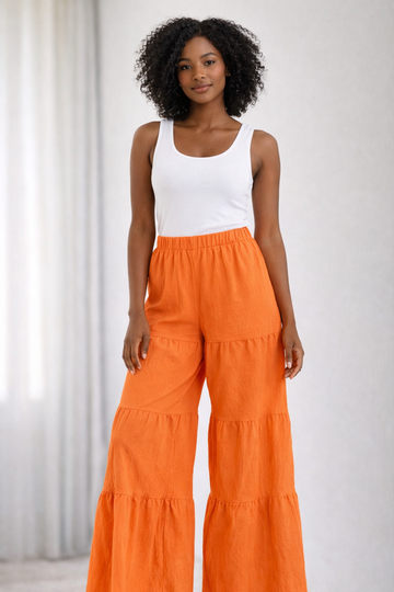 2000s What Fun Orange Poly Tiered Bell Pants Sm