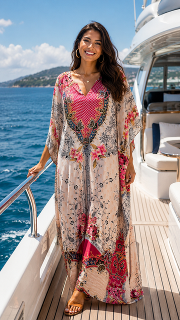 Floral Print 100% Poly Maxi Kaftan Beach Loungewear Day to Evening Dress. Plus size 1X-4X