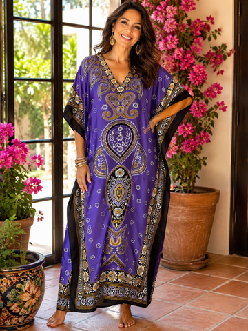 Purple Decorative Design Boho Maxi Caftan Beach Lounge Evening Dress Plus Size.