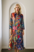 Maxi Dress: Silky poly fabric with colorful peacock-inspired abstract print by artist Elena Kotiarker