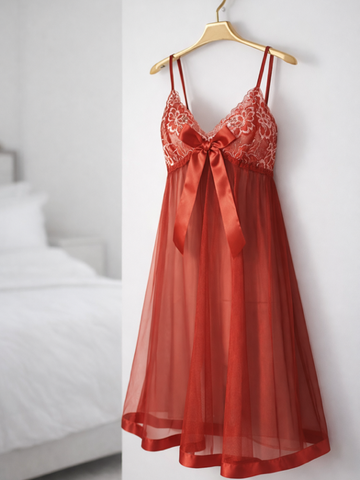 Sheer Red Ribbon & Lace Lingerie Chemise M