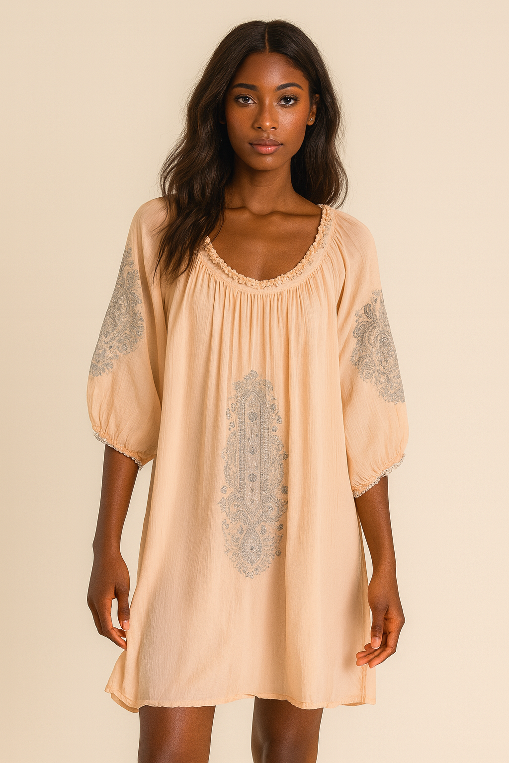 2000s Pink Rayon Silver Embroidery Lounge Casual Boho Dress Lg