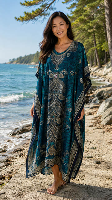 Relaxed Style 100% Acrylic Teal Resort Wear Beach Cozy Evening Kaftan. Free Size 1X-4X