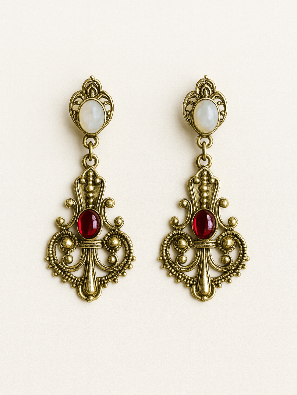 Vintage Look Gold Tone Faux Pearl Red Glass Pierced Earrings