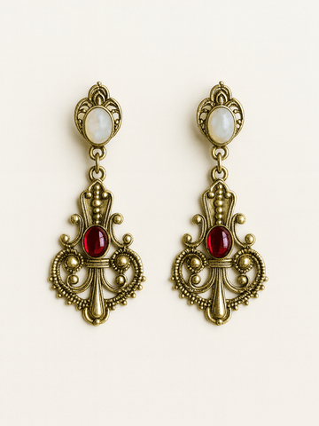 Vintage Look Gold Tone Faux Pearl Red Glass Pierced Earrings