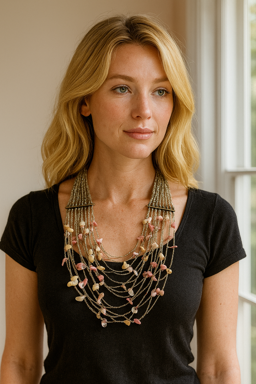 2000s Hand Crafted Beads & Shells Draped Statement Necklace