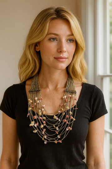 2000s Hand Crafted Beads & Shells Draped Statement Necklace