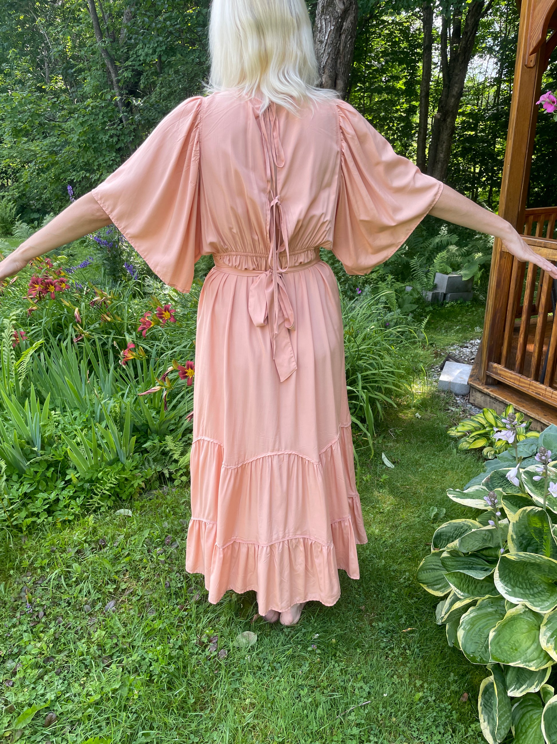  90s Tiered Angel Sleeve Pink Boho Maxi Dress