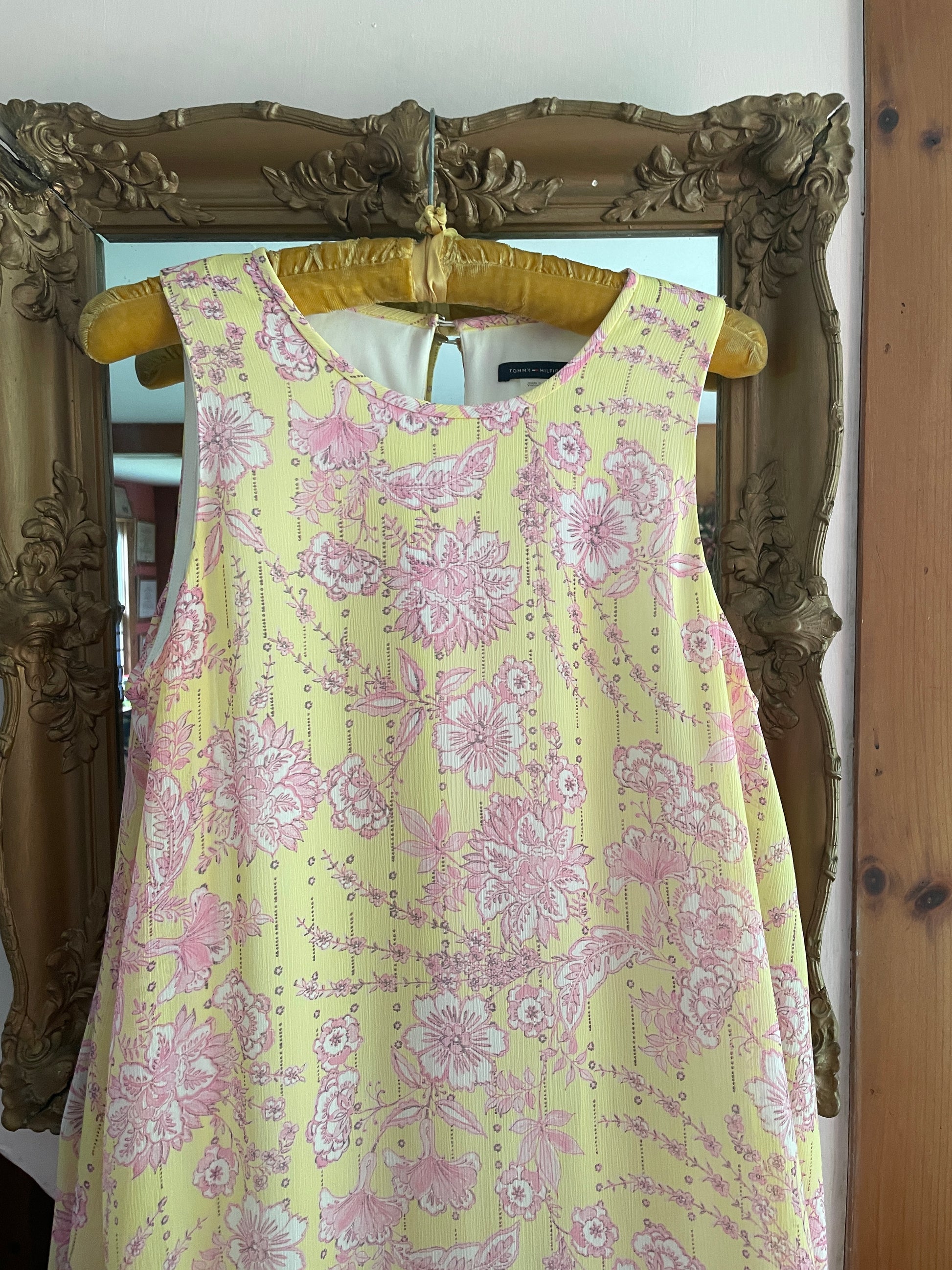  2000s Yellow Pink Floral Print Poly Sleeveless Summer Dress