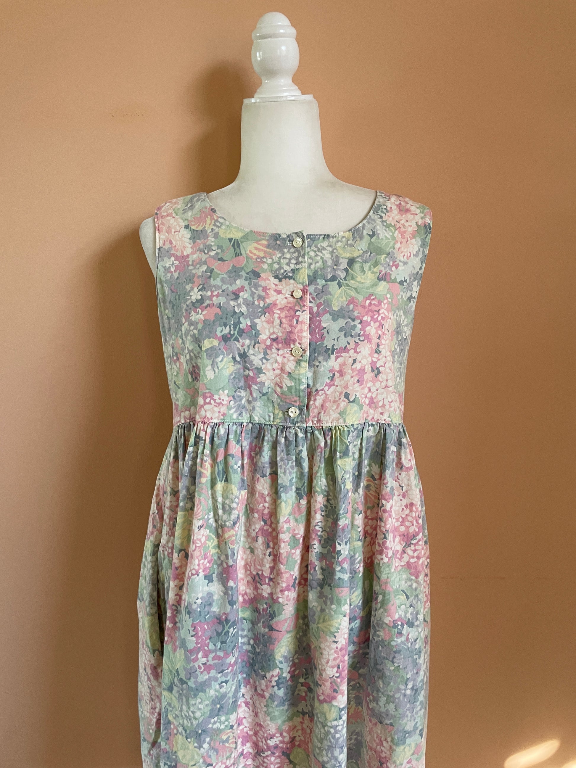  Sweet Cottage 80s Pastel Floral Print Sleeveless Cotton Summer Dress S/M