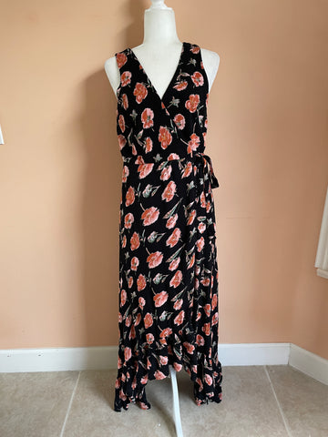 90s Floral Print Vintage Black Ruffled Wrap Sleeveless Dress M