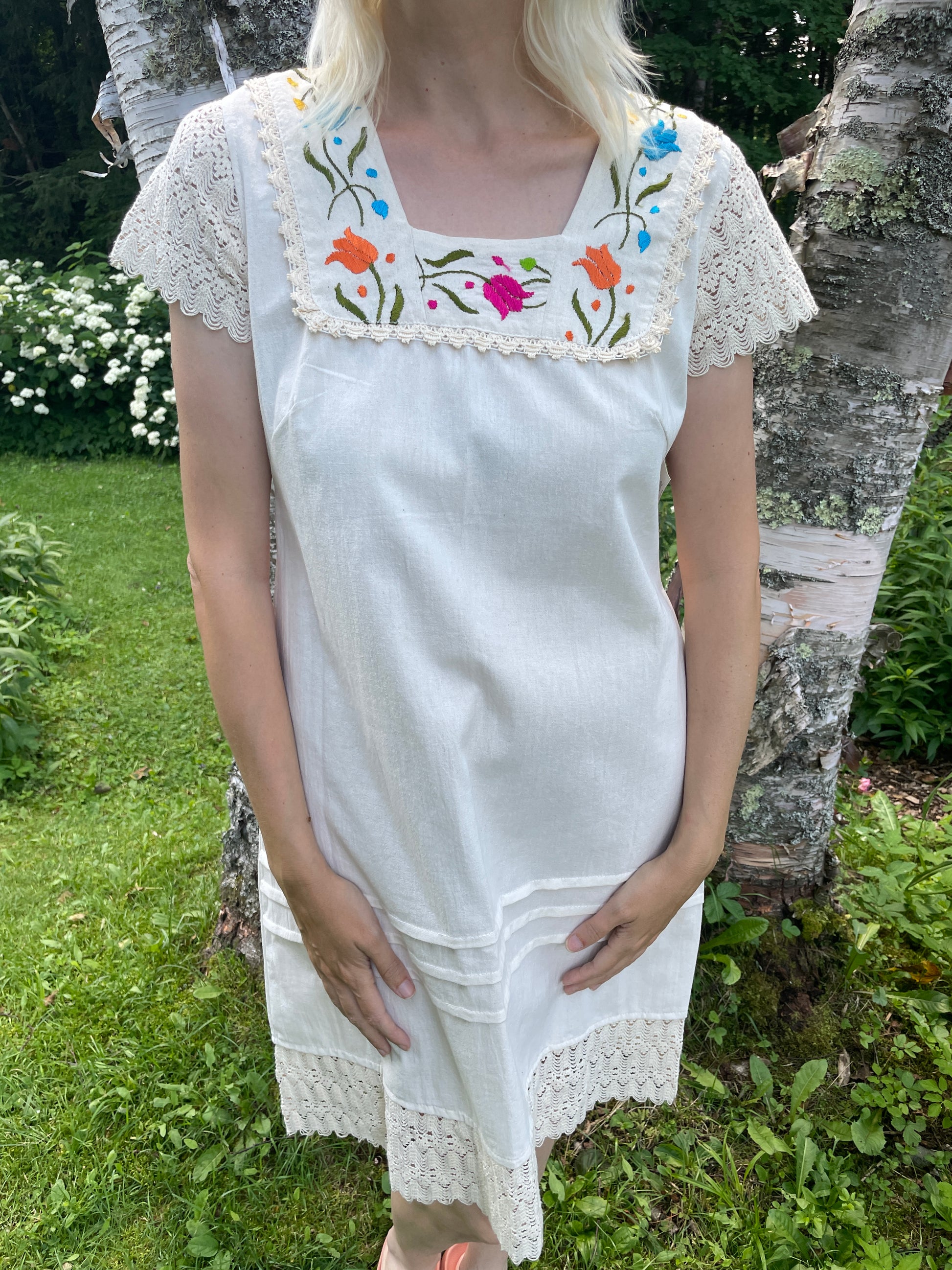  Handmade 2000s 100% Cotton Floral Embroidery Summer Dress