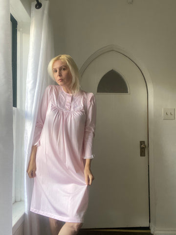 80s Pink Nylon Lingerie Robe Nightgown S