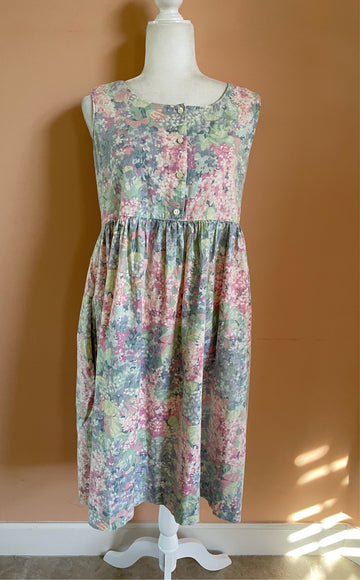 Sweet Cottage 80s Pastel Floral Print Sleeveless Cotton Summer Dress S/M