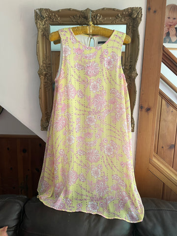 2000s Yellow Pink Floral Print Poly Sleeveless Summer Dress M