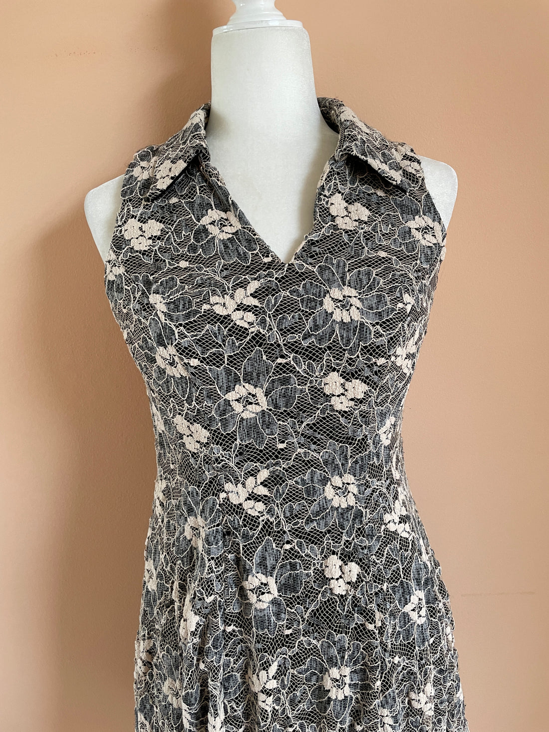 2000s Black Floral Lace Sleeveless Dress S/M