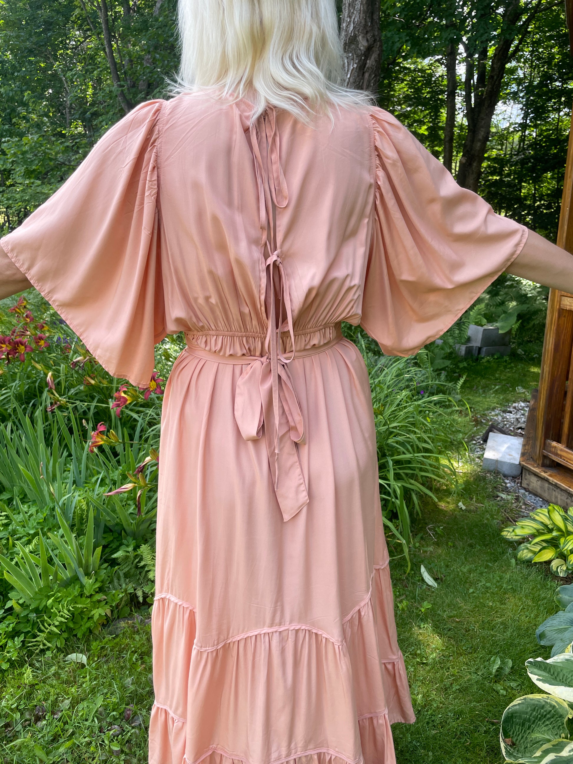  90s Tiered Angel Sleeve Pink Boho Maxi Dress