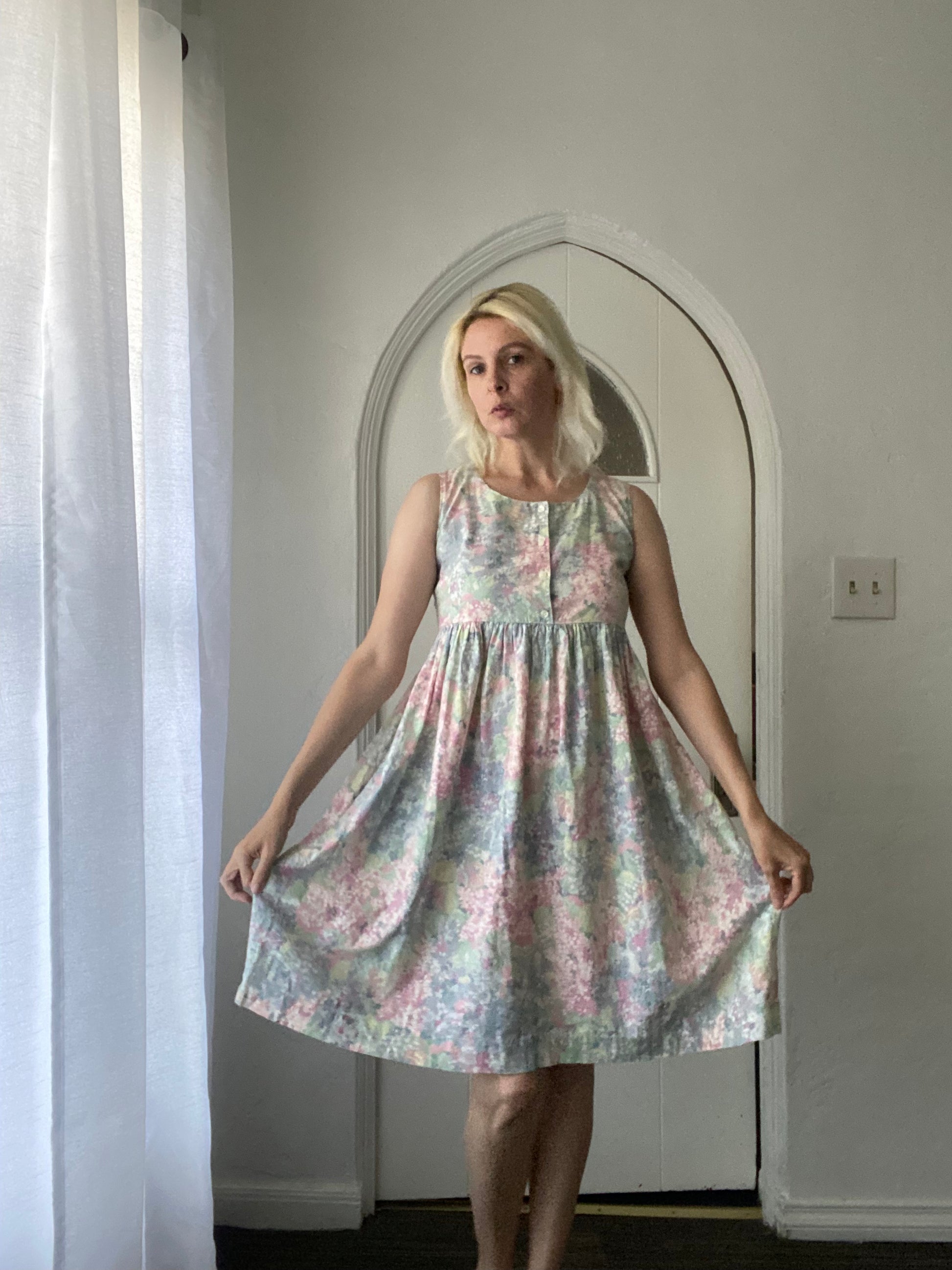 1980's summer dress Sweet Cottage 80s Pastel Floral Print Sleeveless Cotton Summer Dress S/M