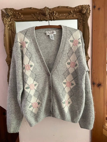 70s Vintage Silk Floral Design Gray Cardigan Sweater
