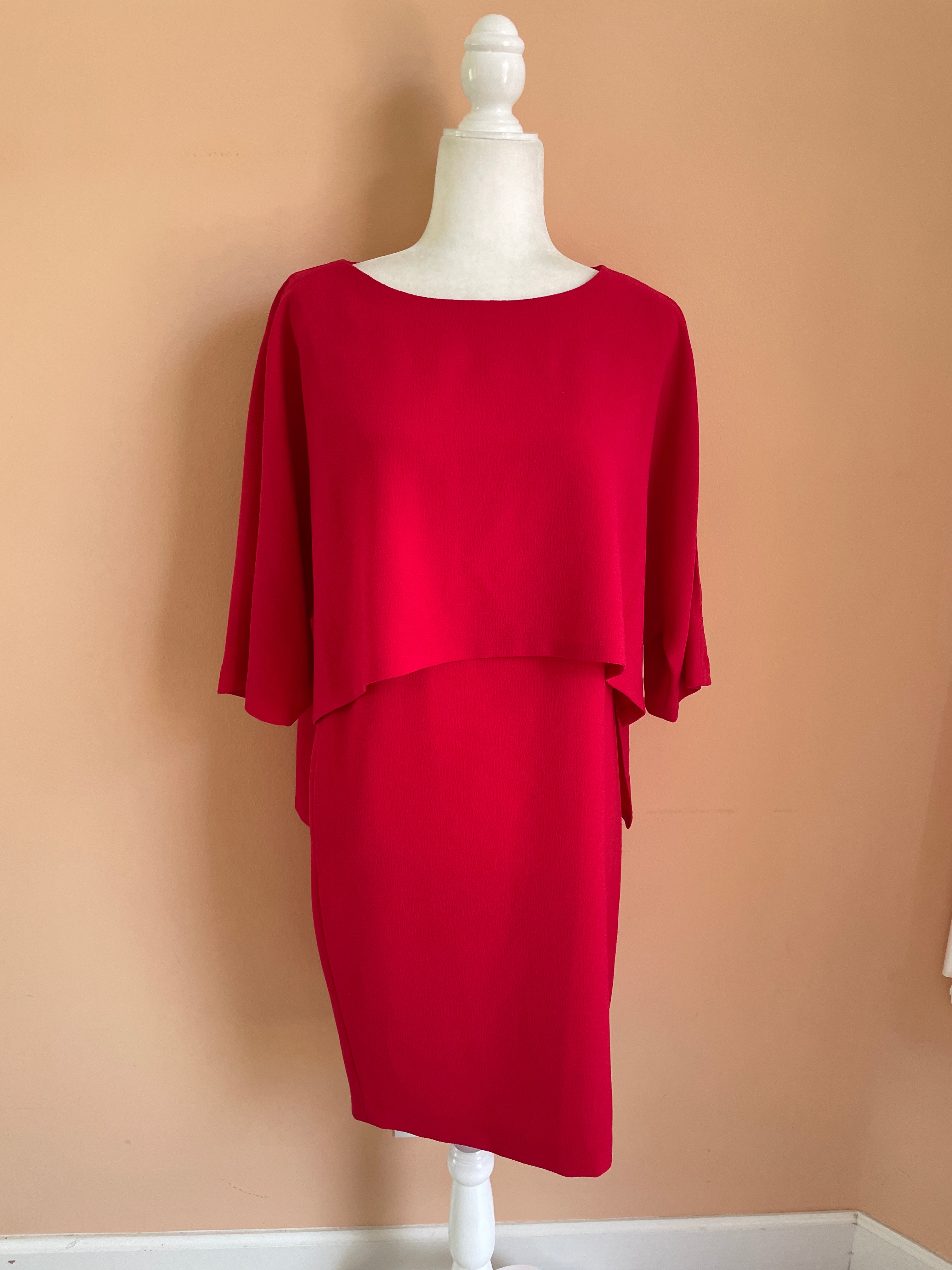 2000s Adrianna Papell Red Poly Designer Cape Knee Length Dress M