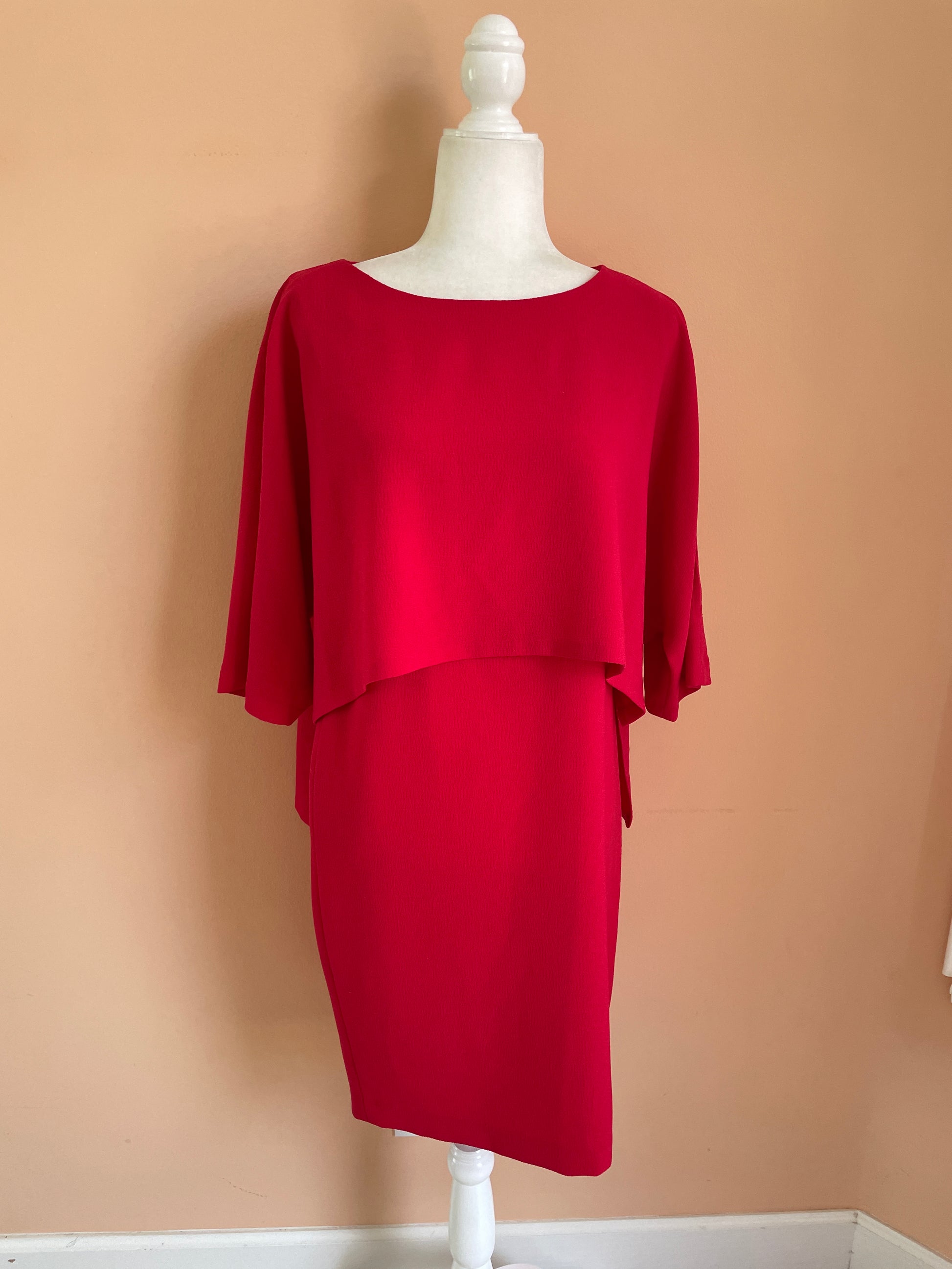 2000's red dress 2000s Adrianna Papell Red Poly Designer Cape Knee Length Dress