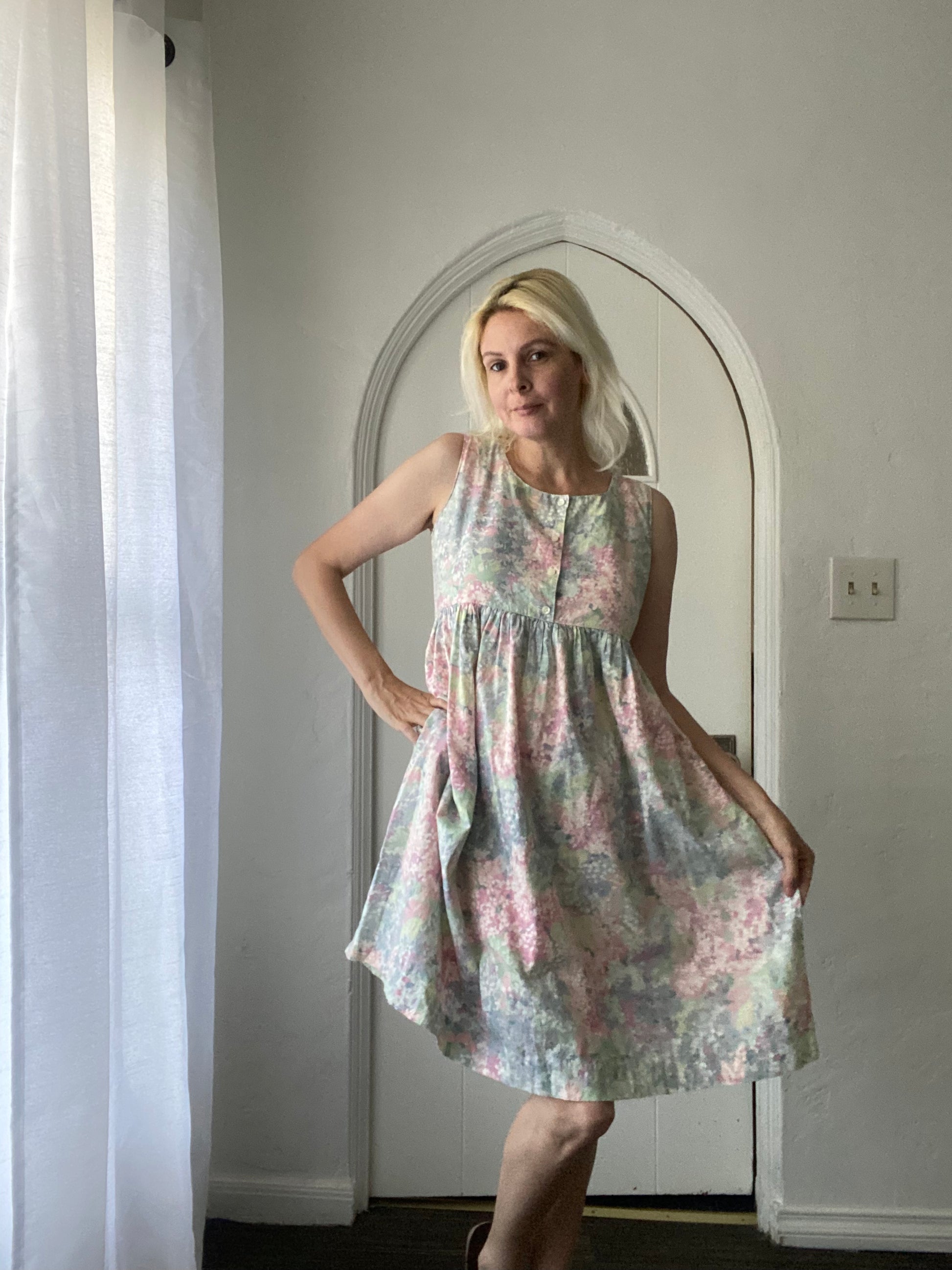  Sweet Cottage 80s Pastel Floral Print Sleeveless Cotton Summer Dress S/M
