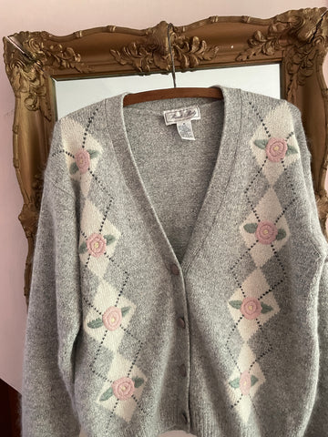 70s Vintage Silk Floral Design Gray Cardigan Sweater M