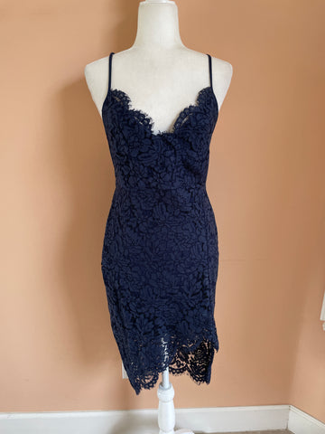 2000s Lacy Blue Bodycon Open Back Evening Dress. S