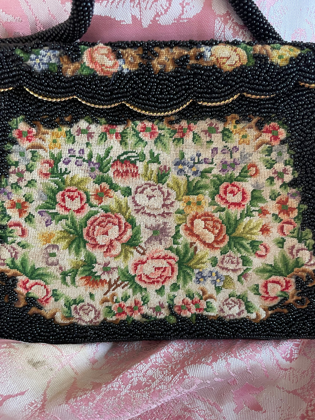50s Rare Vintage Black Beaded Floral Tapestry Hand Bag