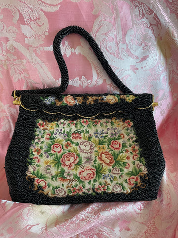50s Rare Vintage Black Beaded Floral Tapestry Hand Bag