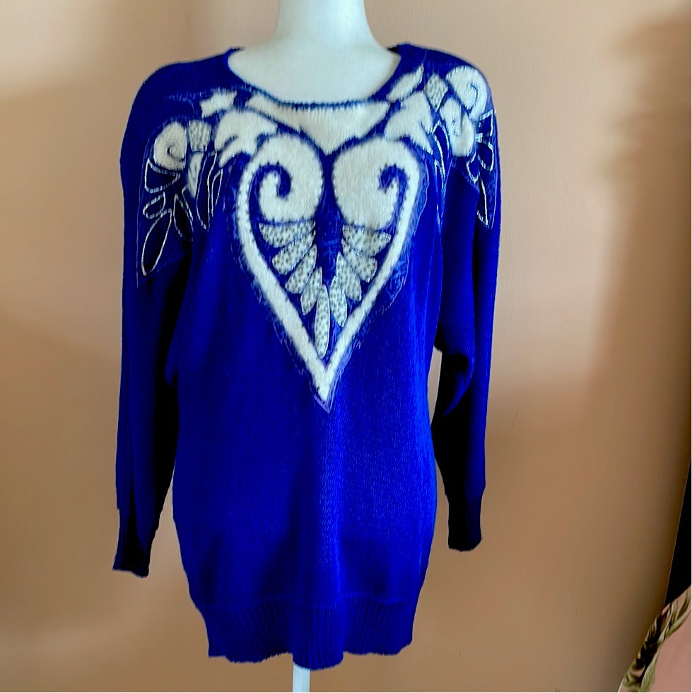 Manchel Vintage 80's Knit Sweater 80s Alan Manchel  Blue Angora Vintage Cool Decorative Knit Sweater M