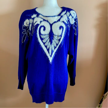 80s Alan Manchel  Blue Angora Vintage Cool Decorative Knit Sweater