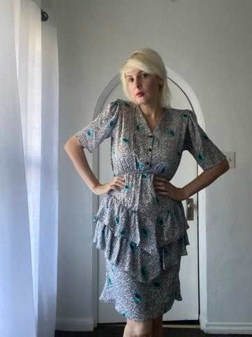 80s Vintage Tiered Ruffled Short Sleeve Blue Print Peplum Dress S