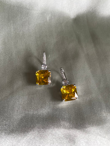 Pretty Silver Plated Amber Cubic Zirconium Crystal Drop Pierced Earrings