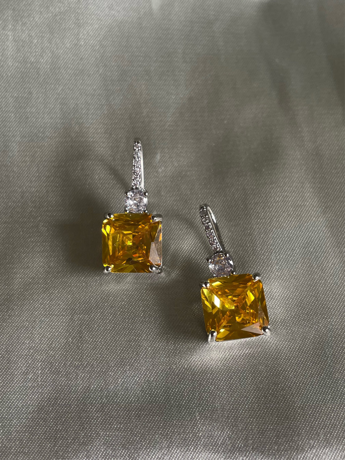 Pretty silver plated amber cubic zirconium crystal drop pierced earrings