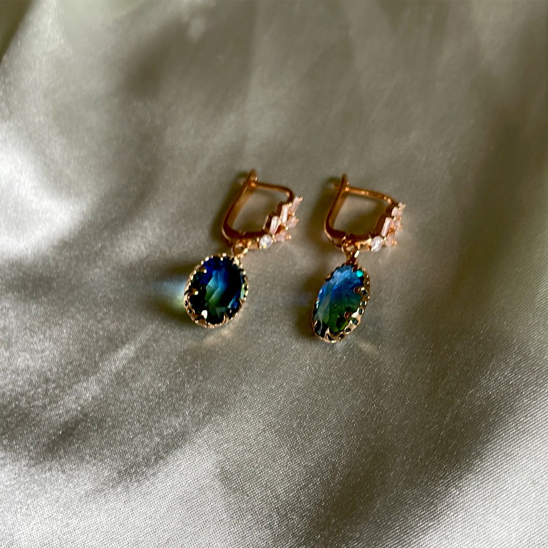 Gold plated teal glass zirconia pretty drop pierced earrings 