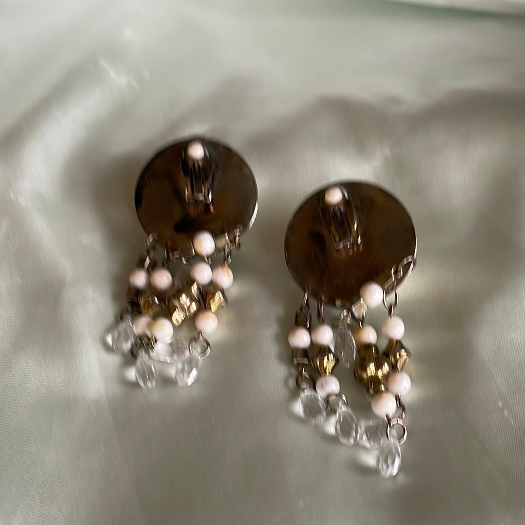  Vintage 80s Brass Tone Dangling Beaded Clip Earrings