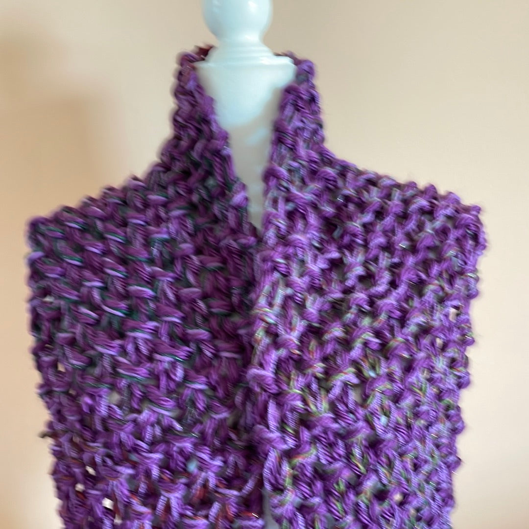 Scarf hand knit fringed winter purple arty