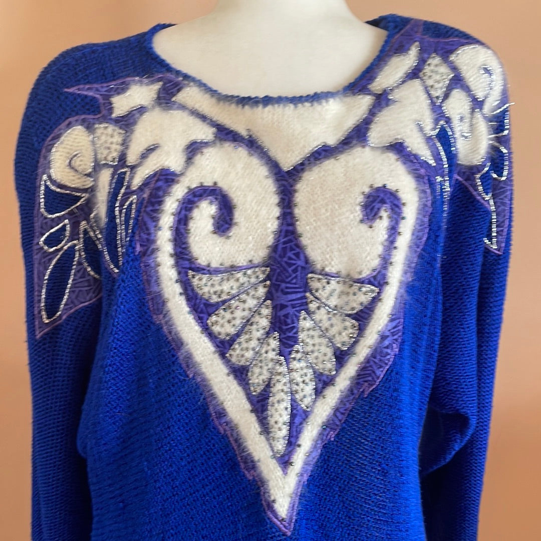  80s Alan Manchel  Blue Angora Vintage Cool Decorative Knit Sweater M