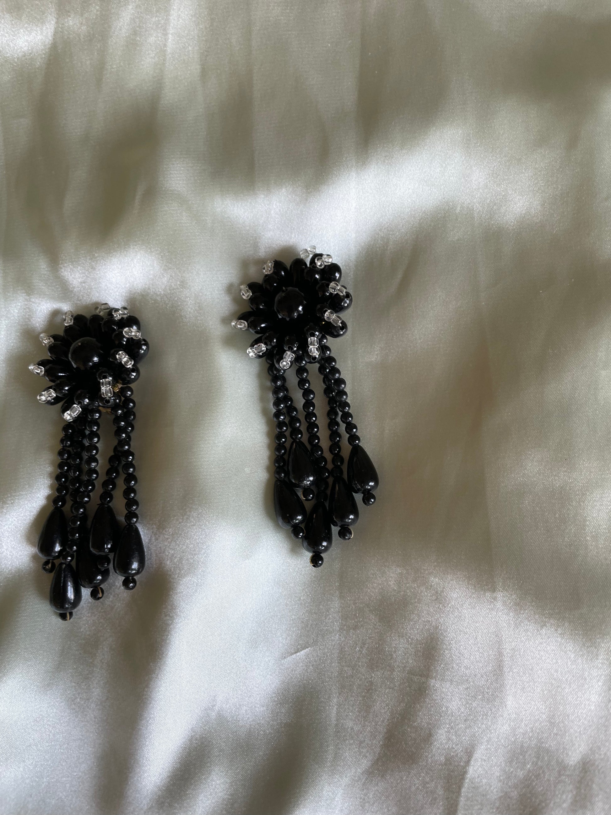  Vintage 80’s Black Beaded Flower Design Statement Earrings